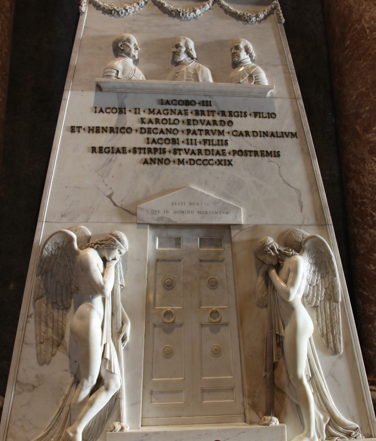 Monument by Antonio Canova to the Royal Stuarts in Saint Peter's Basilica commemorating the last three members of the Royal House of Stuart: James Francis Edward Stuart, his elder son Charles Edward Stuart, and his younger son, Henry Benedict Stuart, Cardinal of the Catholic Church and Dean of the College of Cardinals. The Jacobites recognised these three princes as kings of England, Scotland and Ireland.